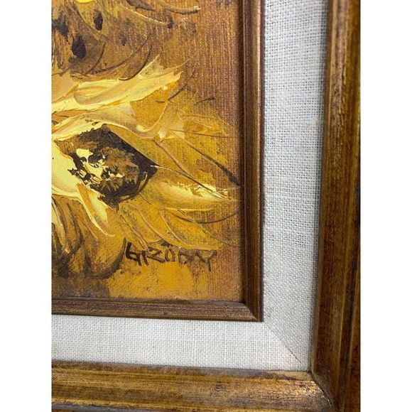 60s Vintage Original Oil Painting Small 17.5 x 15.5" Sunflowers with Frame 6390 - Picture 4 of 10